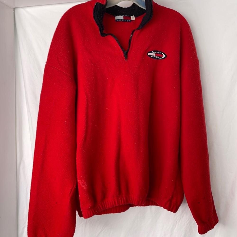 Tommy Hilfiger red fleece pullover with black zipper at the neck, large, AS IS - Picture 1 of 15